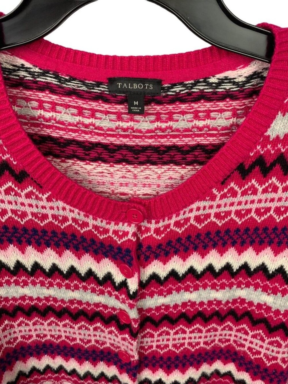 Talbots Womens Fair Isle Knit Cardigan Sweater Lambswool Blend  Size Medium Pink - Picture 3 of 6